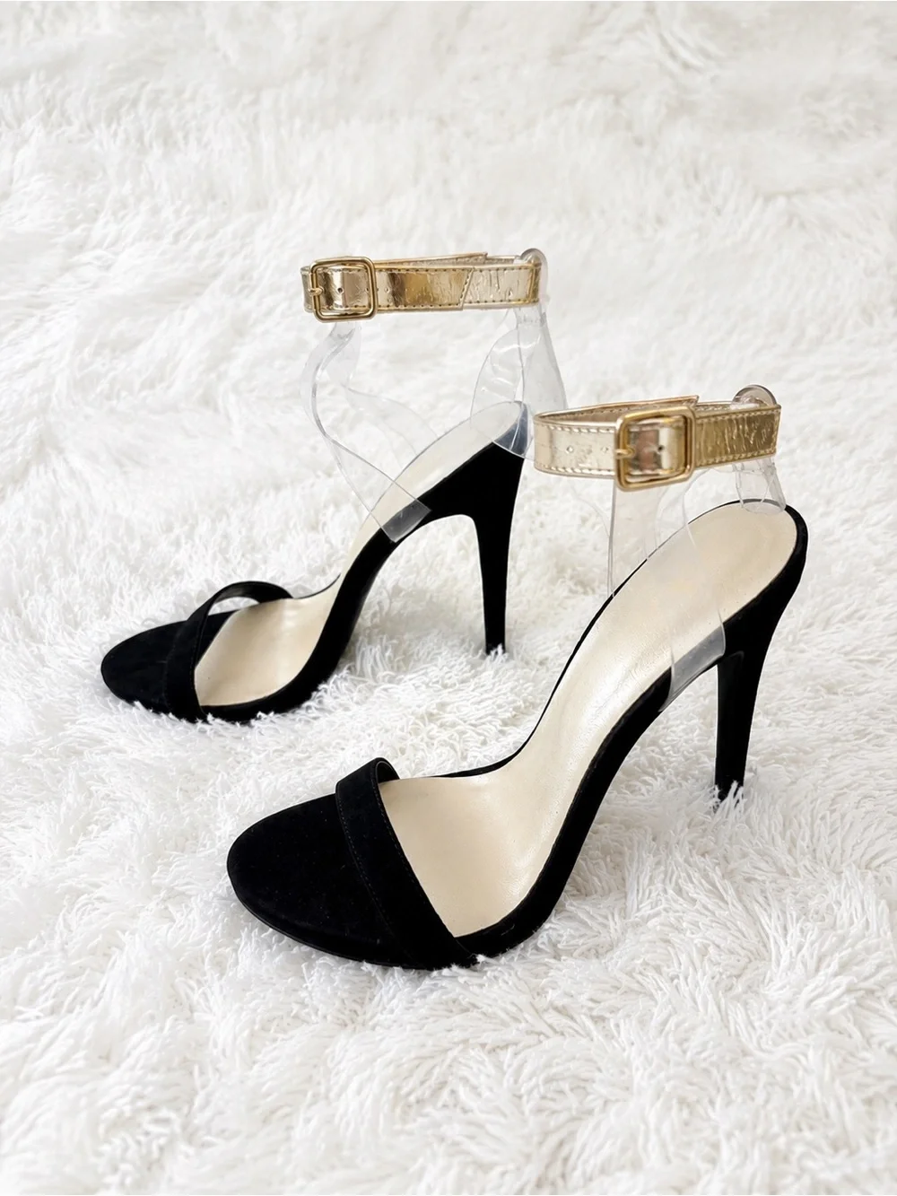 Gold Ankle-Strap Black Suede High Heel Sandals